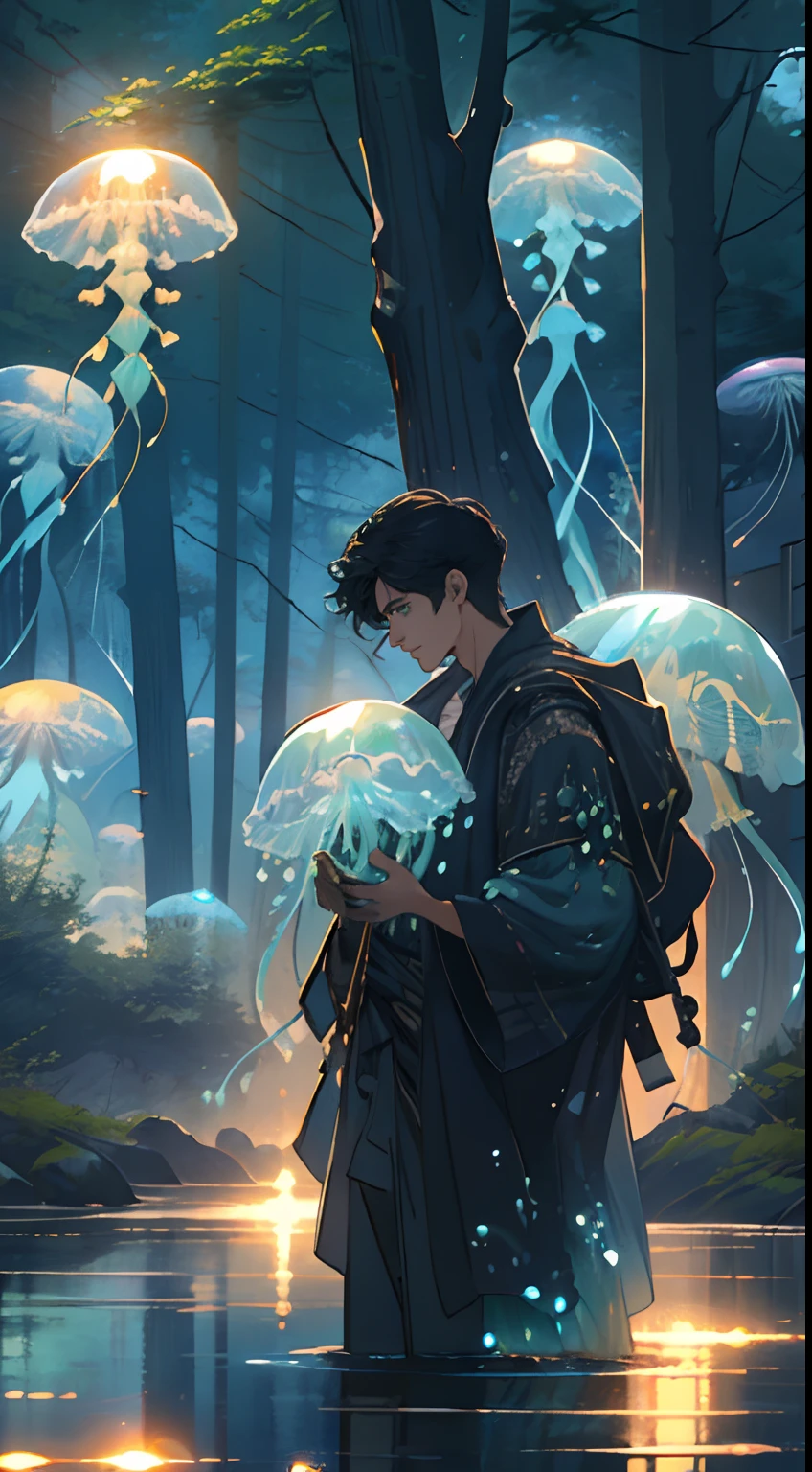 green jellyfish,(jellyfishforest:1.4), 1man, short hair, mist, woods, scenery, solo, nature, water, wading, outdoors, tree, standing, black hair, fantasy, forest