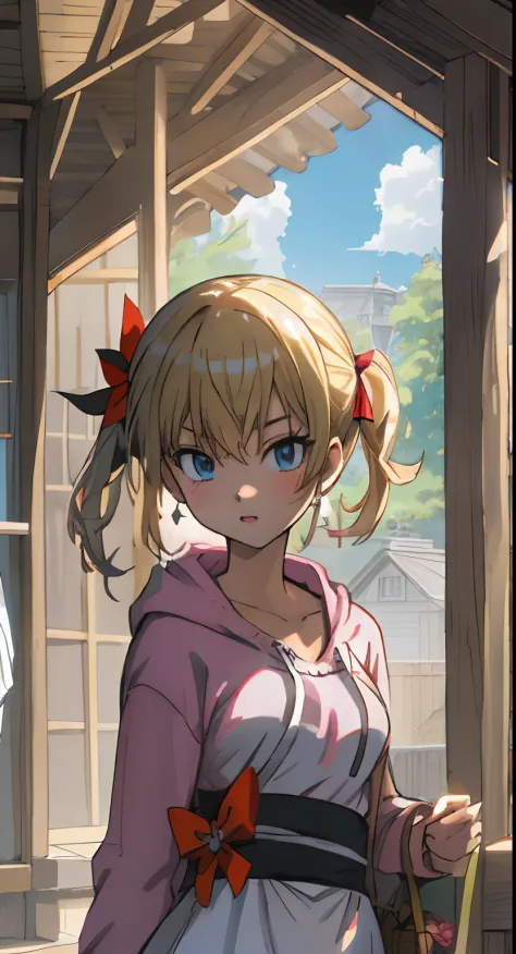 (masutepiece, Best Quality, Ultra-detailed, Illustration), Beautiful face, Blonde hair, Perfect body, 1girl in, Solo, Camisole hoodie, half up, Hair Ribbon, Dress, lanyard, vila, Old houses, Outdoors, hawke, legends, top-quality, Top image quality, masutep...