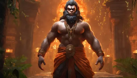 a 35 years old man who has a face of a monkey, has a long tail as a monkey, proper eyes, An Indian god, Lord Hanuman, face of a monkey , moderate stature, has a big tail, Fire on the background, strongly built, broad-chested, narrow-waisted, and long-armed...
