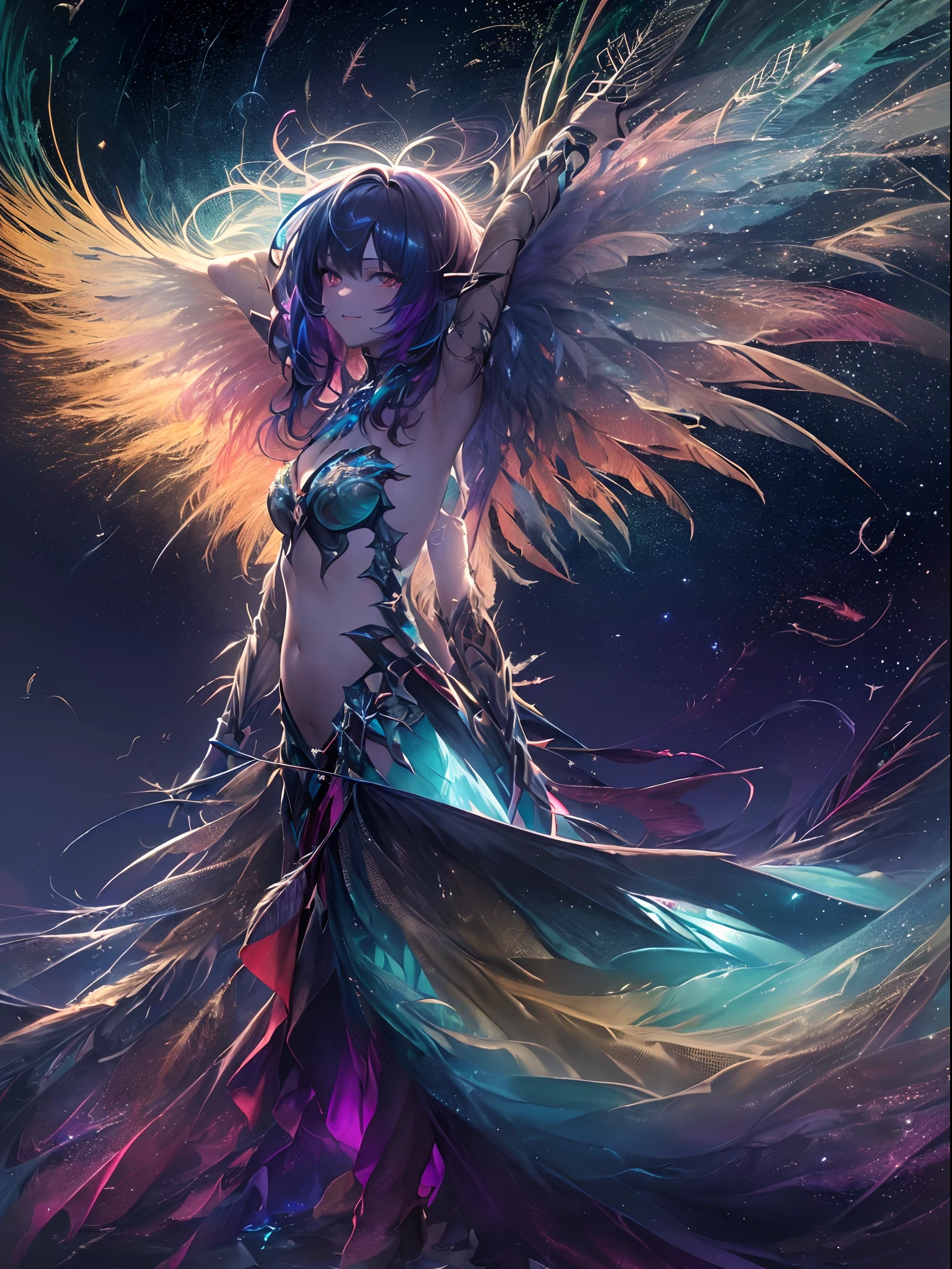 Dark Focus , (Dark gradient watercolor :1.5, Lens Flare:1.5 , Glitter :1.5), （Monster Girl:1.5, (((Winged arms:1.5、The arms are bird feathers:1.5)))、Flying wing aircraft、Harpies in Greek mythology:1.5）、full body Esbian、monstergirl、Glow , Dreamy , Dark background、Grid illusion, Colorful, girl、(((Dark sea background:1.5,Psychic in the background:1.5))),((extremely detailed eye:1.5)),{{{Ultra 8K resolution}}},((masutepiece, of the highest quality, Beautiful and aesthetic: 1.2)),{{hyper detailed masterpiece: 1.7}}, {{Cinematic lighting}},(The hair　Transparency:1.5）,(dark hue:1.5，Dark Tone，Big aurora borealis background in the dark:1.5、The Darkness:1.5，Cold reflection:1.5，The edges of the object are reflected by a rainbow:1.5) 、(Golden ratio: 1.2), (Full body: 1.2), (Super Detail: 1.3), (girl with: 1.3), (Fractal Art: 1.3), {{{Glitter Pupil:1.25}}}) , ((rainbow-colored hair:1.2、colourful hair、Half blue and half red hair:1.5,Shiny hair: 1.2)), (Heterochromia), (full body Esbian), (Hyper-detailing), ((delicate detail)), (intricate-detail), ((Cinematic Light, Highest quality backlight)), High contrast, {{{The best lighting, Very delicate and beautiful}}}, (( Cinematic Light)), (ray trace reflection, Glow), (((glowing aura)), {{{Glowing hair:1.25}}}, ((Super Detail)), (8K)), ((a closeup)), ((Brown skin)), ((Seductive smile)) ,((high angle full body shot)), (Full body:1.2)、(firmament:1.5)