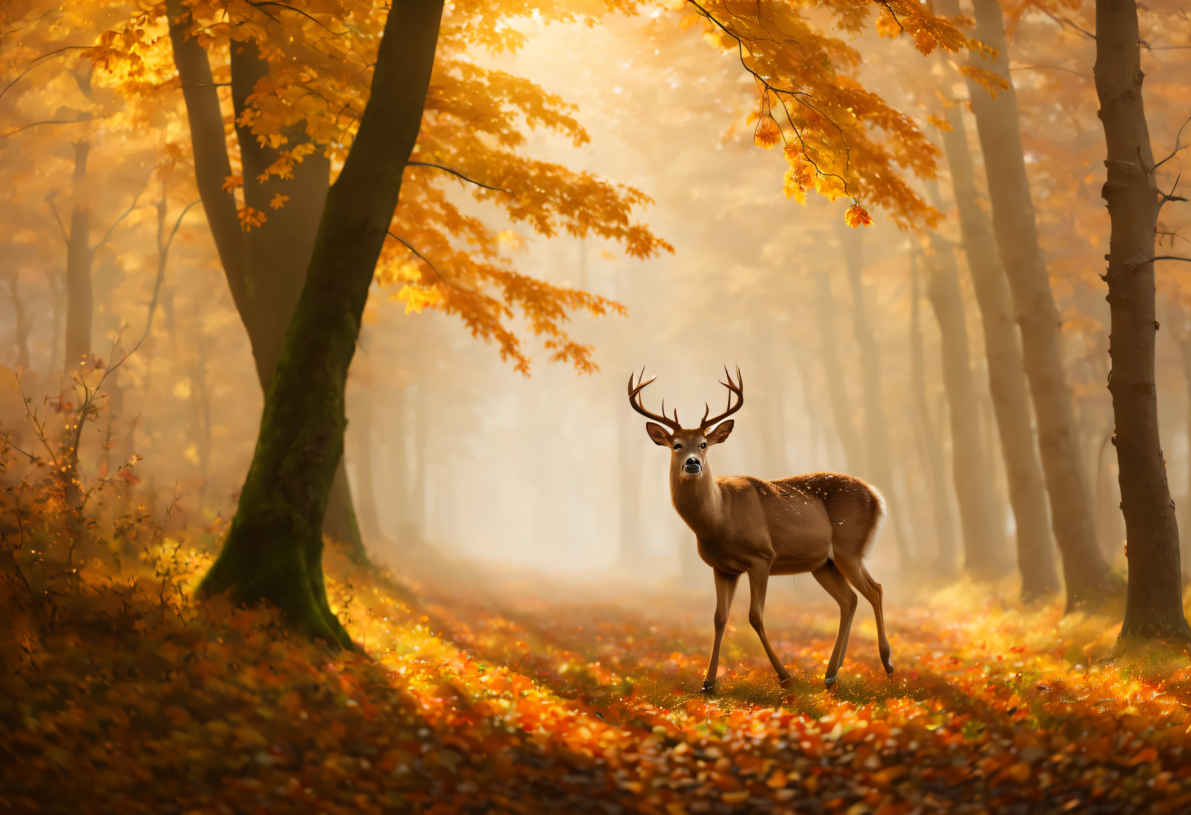 (melhor qualidade, 4K, 8K, alta resolução, Obra de arte: 1.2), ultra detalhado, (realista, photorealista, photorealista: 1.37),Bela vista do outono, sonhe como, há muito nevoeiro na floresta, um cervo, magnífica imagem premiada.