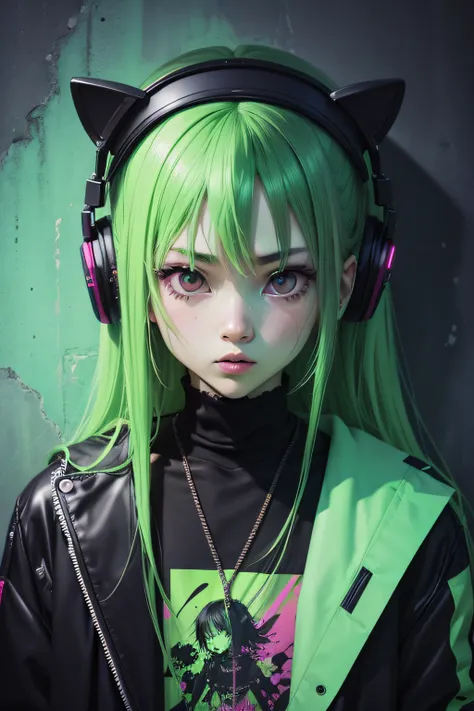 anime phonk horror album cover for love song with neon green colors ...