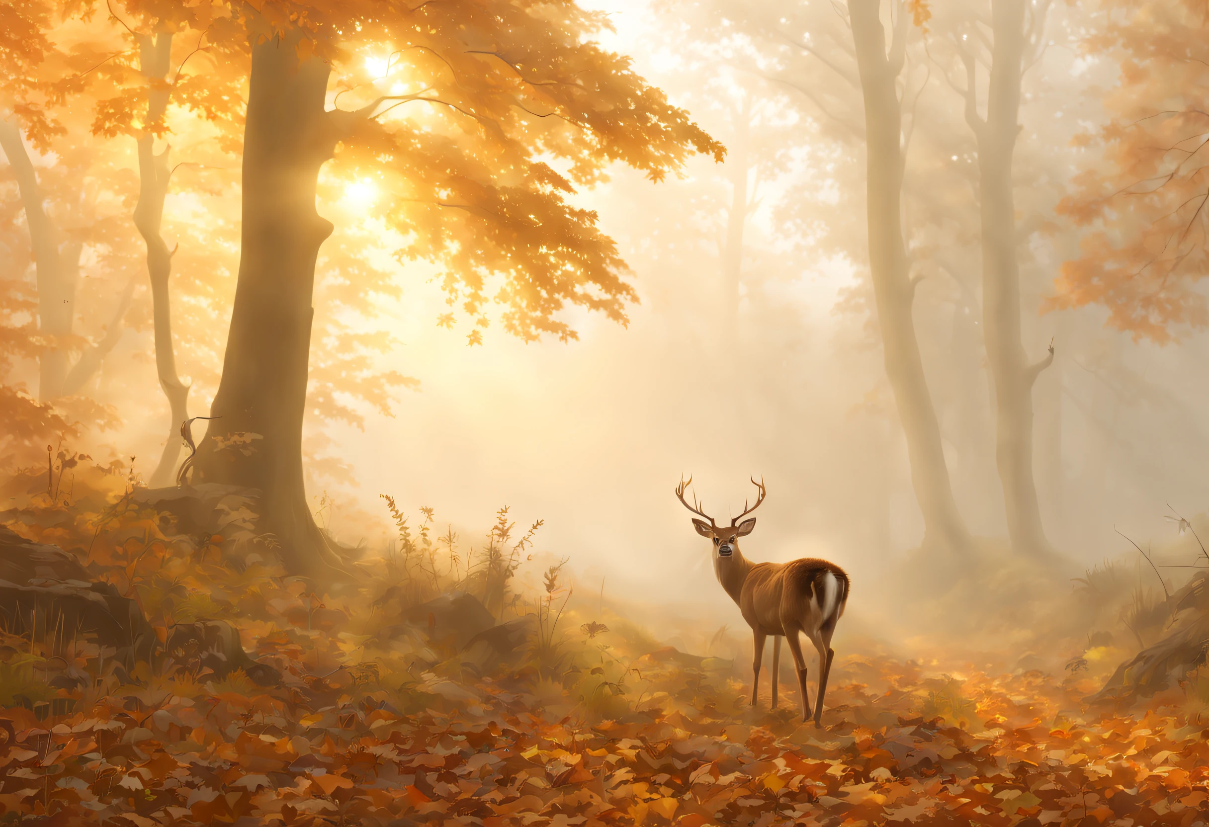 (最高品質, 4K, 8k, 高解像度, 傑作: 1.2), 超詳細, (現実的, photo現実的, photo現実的: 1.37),美しい秋の景色, 夢のような, 森の中は霧が多い, 霧の中から鹿が現れる, 素晴らしい受賞作品.