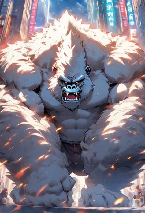 Very muscular 4k manga type angry white gorilla in the middle of the city