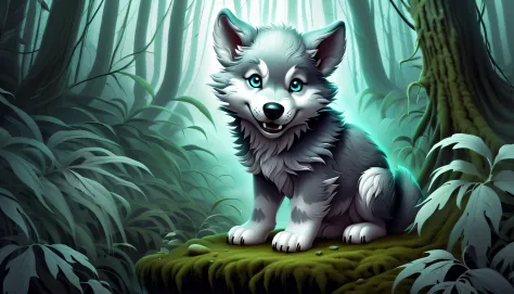 (((mist crafting ridiculously absurdly cute wolf cub illustration:1.3))). (((supernatural beauty trapped in a mystical and fantastic realm misty forest:1.3))). (((thick mist):1.2)), perpetual ravenous grin, dark fantasy world, every detail meticulously ren...