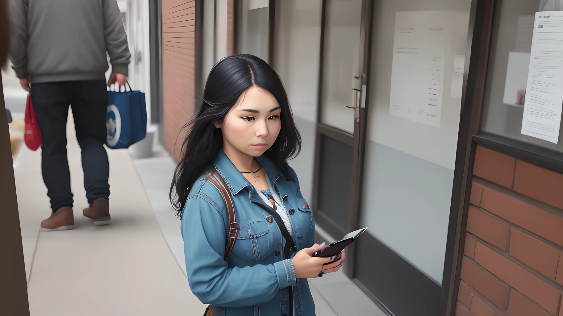 Woman in blue jacket looking at cell phone on sidewalk in urban area -  SeaArt AI