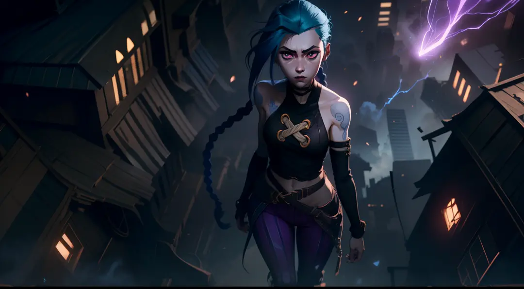 Overhead view, The camera looks at Jinx from above, Like in a computer game, Jinx's character design, Dynamic movements, Standing Half-Sideways, stands on the edge of the roof, Fantasy City, City of Piltover, the night, explosions, fire, Smoke, sparks, Pur...