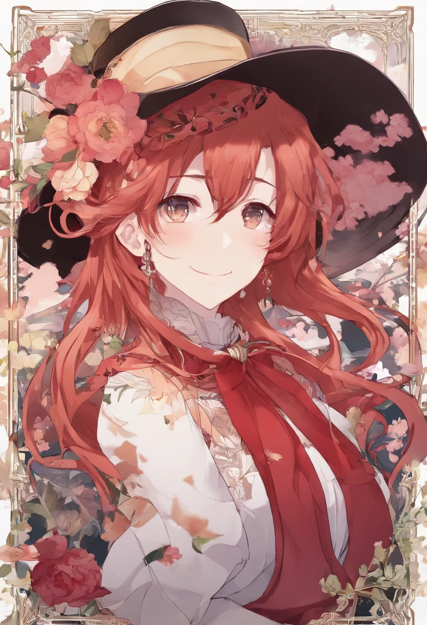 A woman with long red hair wearing a hat and a red scarf - SeaArt AI