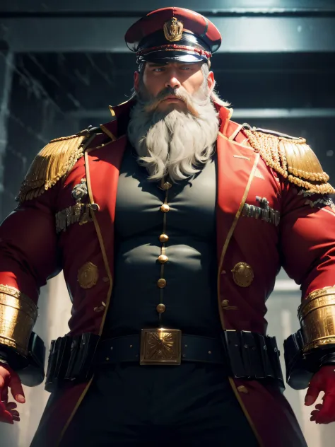 (Best quality, A high resolution, Ultra-detailed), (Realistic:1.0), Handsome middle-aged man (Bear mode:1.0) Body, Visual fat, musculous (White beard, detailed beard), Sturdy exterior, (Strong gaze:1.1). He is one (admiral) Wearing (opulent:1.2) (suit) And...