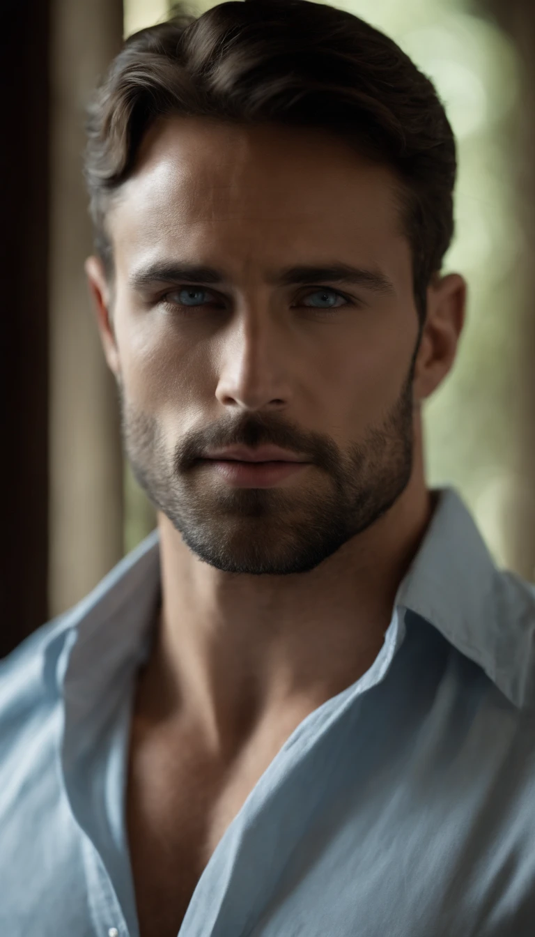 Portrait of a handsome male model, 29 years old, shirt, barechest, Without beard, with shoulder-length hair, dark and messy and wavy, Super light blue eyes, thick lips, defined muscles, fit, torn body, Medium shot, ultra highest detailed face, Darmatic Lighting, low light