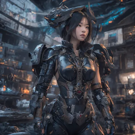 Mecha Female CG Giant Secret Realm，Asian woman poses in colorful futuristic matte armor, Realistic secret mech girl rendering, d...