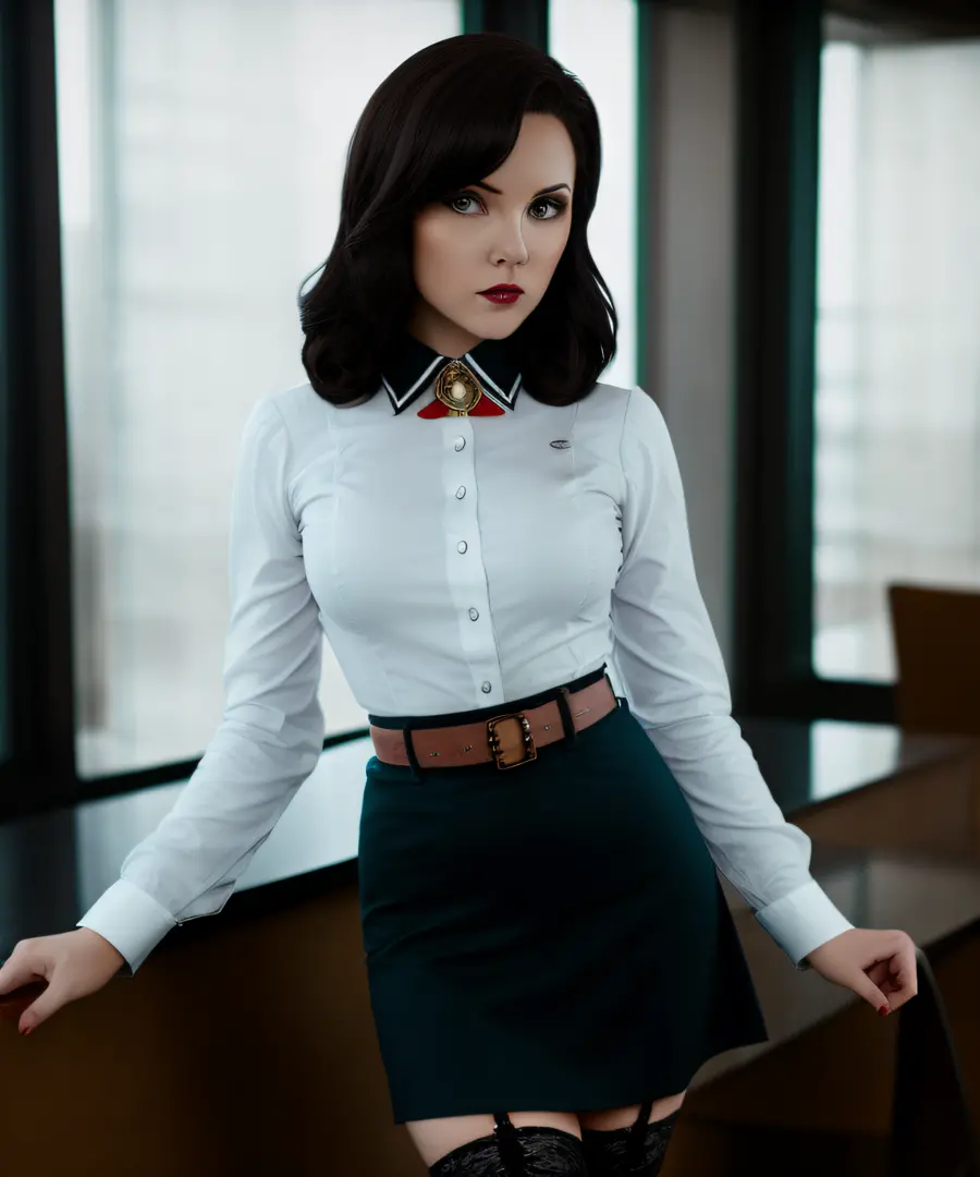 a cute girl, Elizabeth Comstock, buttoned shirt, blouse, belt, skirt, lace stockings, posing, by conor harrington, cinematic, hd...
