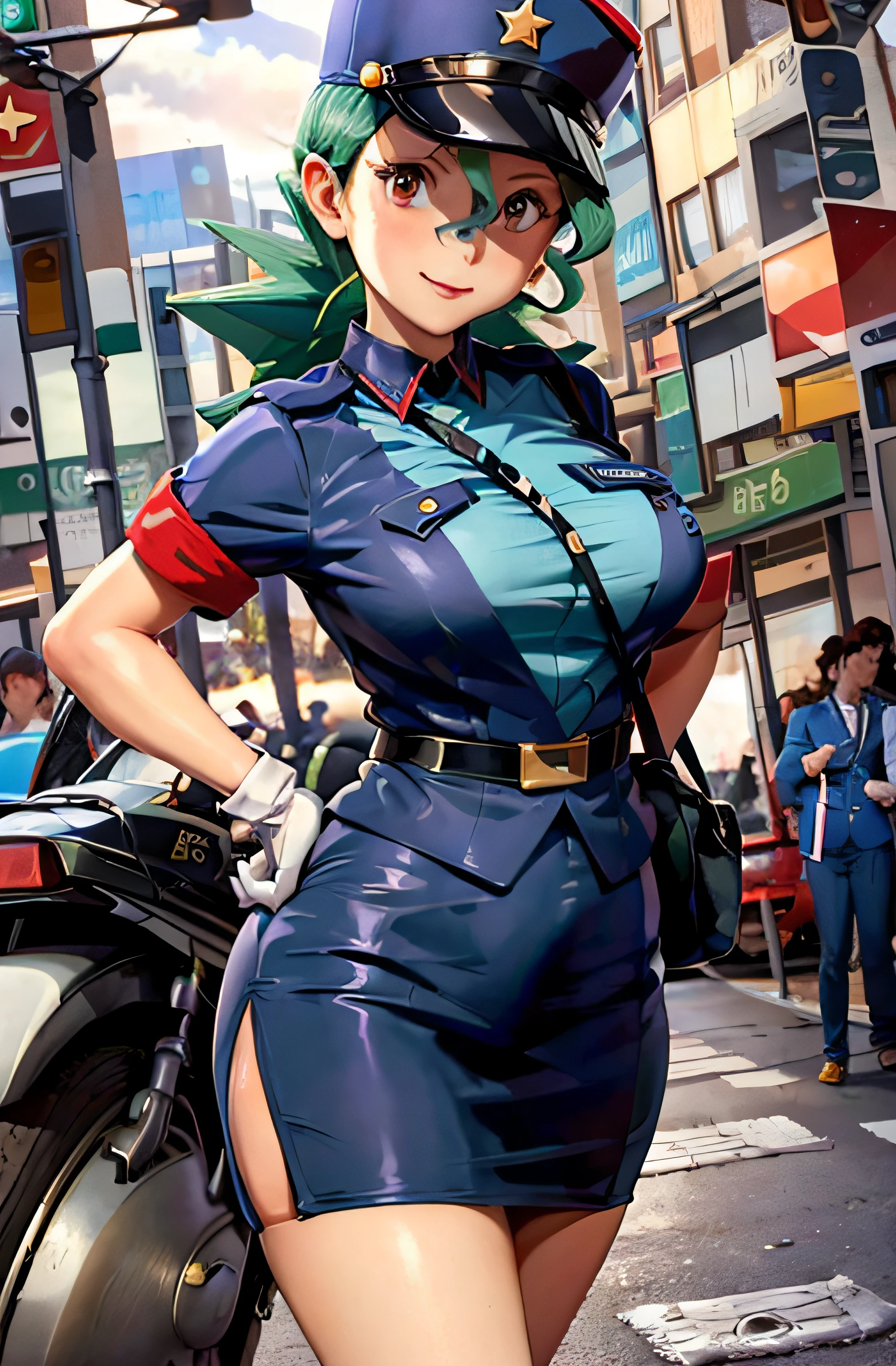 (masterpiece, best quality:1.2) officer jenny, pokemon, 1girl, solo, long hair, breasts, looking at viewer, smile, red eyes, green hair, huge breasts, green hair, white gloves, police hat, miniskirt, bag, star (symbol), uniform, blue skirt, hand on hip, blue shirt, pencil skirt, brown pantyhose, motor vehicle, ground, vehicle, police uniform, simple background, skirt suit, (((three-piece suit))), (((necktie))), blazer, (((suit jacket))), (((waistcoat))), double-breasted waistcoat, bodycon miniskirt, pencil skirt,