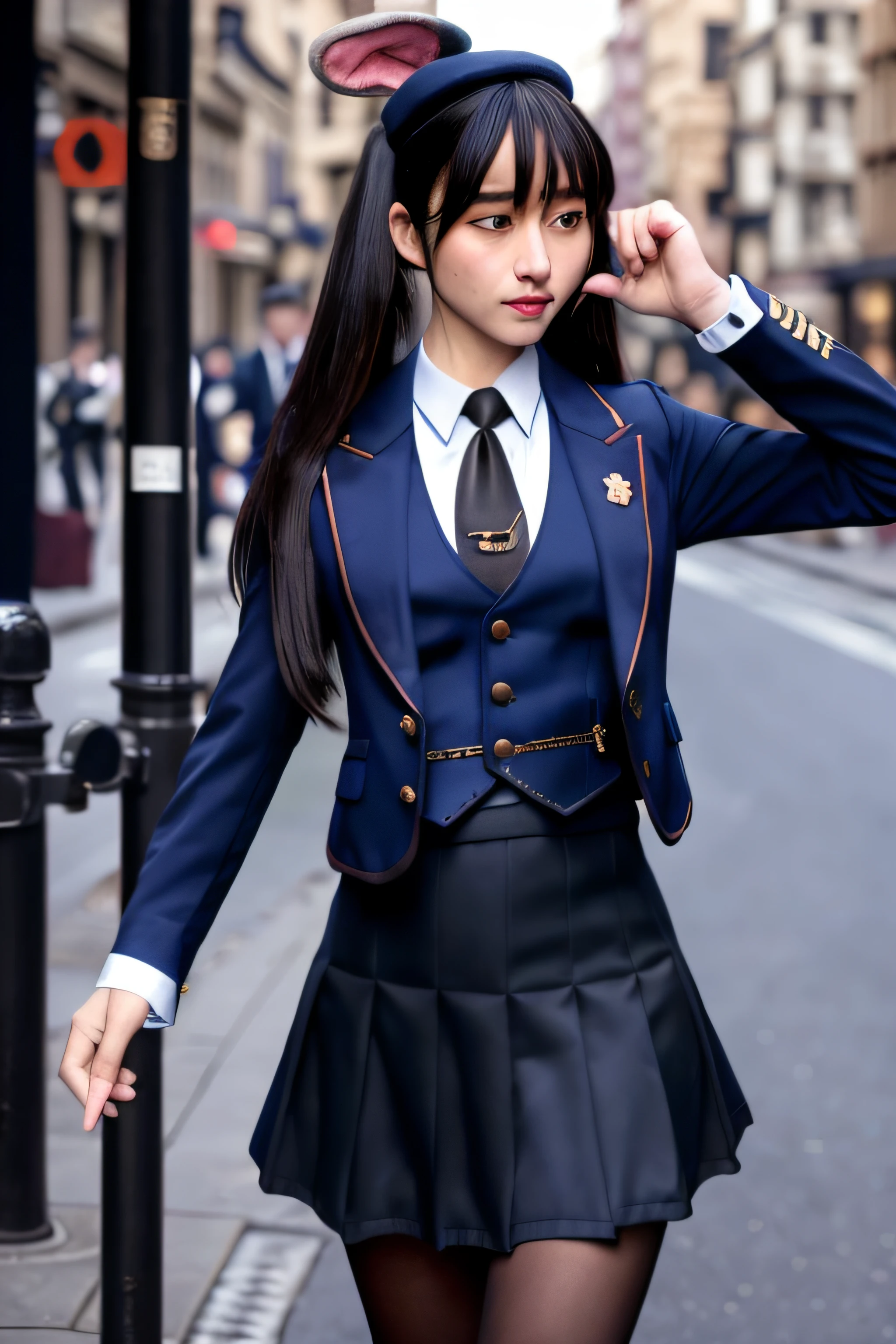 realistic, photorealistic, masterpiece, best quality, rabbit_officer, 1girl, solo, smile, looking at viewer, long black hair, walking, full body,in street, netural lighting, skirt suit, (((three-piece suit))), (((necktie))), blazer, (((suit jacket))), (((waistcoat))), double-breasted waistcoat, bodycon miniskirt, pencil skirt,