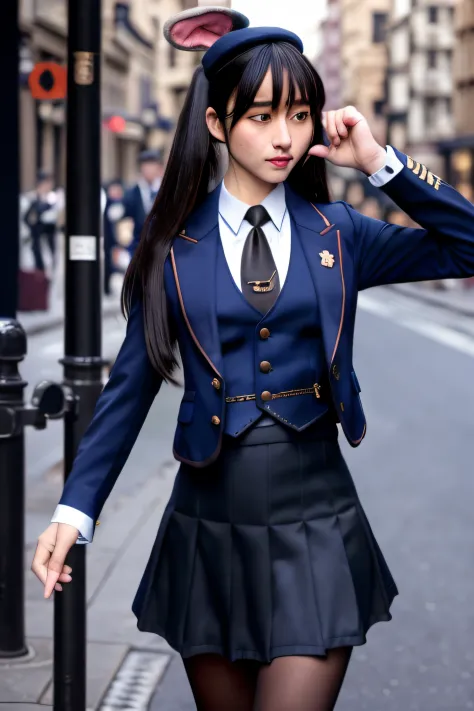 realistic, photorealistic, masterpiece, best quality, rabbit_officer, 1girl, solo, smile, looking at viewer, long black hair, wa...
