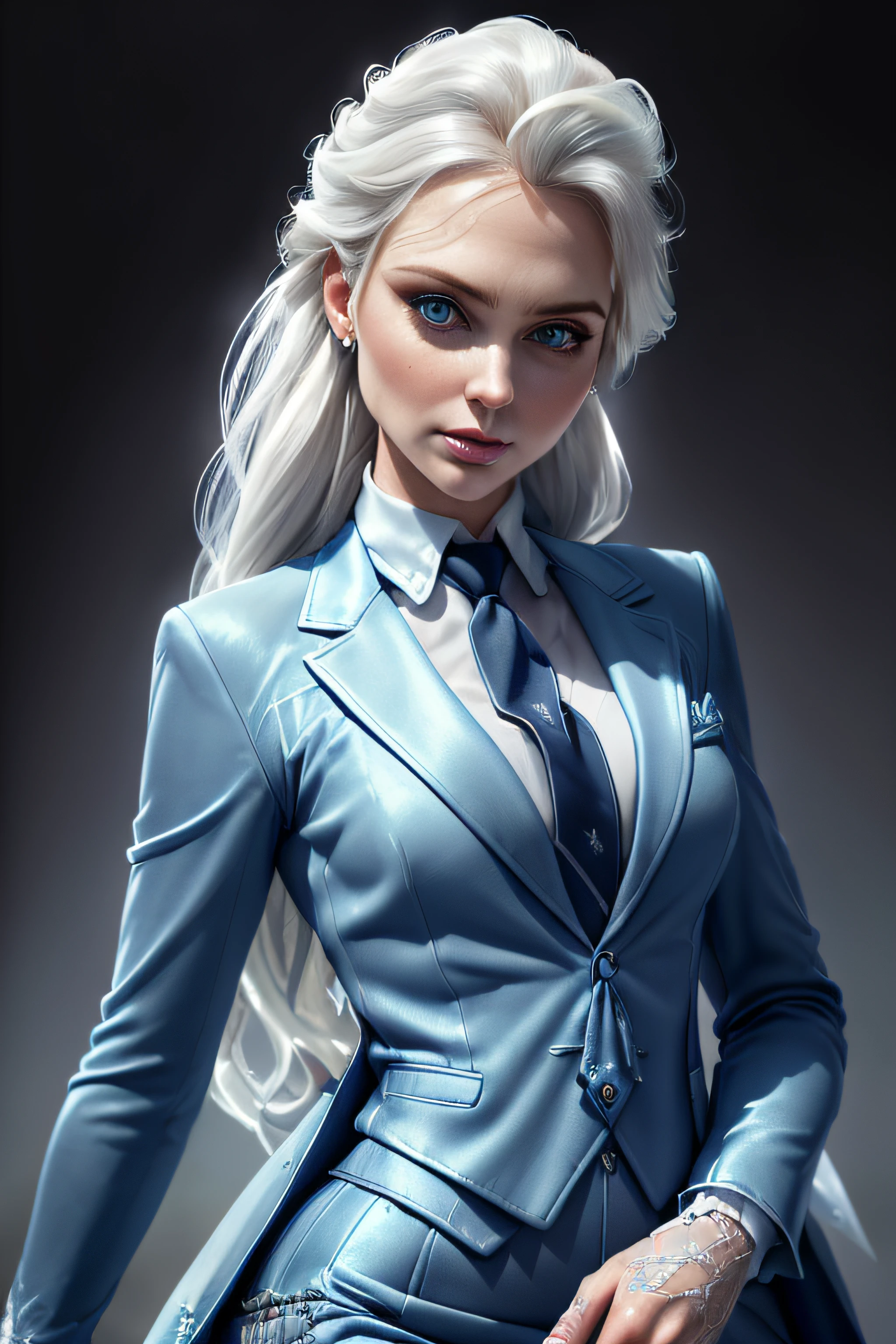 elsa, elsa from frozen,  (blue dress), 1girl, sword, holding sword, masterpiece, best quality, wide-angle, detailed hair, textured hair, long hair, white hair, fair skin,
realistic, 4k, ultra realistic, texture, detailed background, detailed eyes, Perfect features, (masterpiece), (best quality:1.4), absurdres, [:intricate details:0.2], moist skin, shiny skin, glossy skin, (masterpeace, best quality, good quality:1.4), masterpeace, intricate details,
skirt suit, (((three-piece suit))), (((necktie))), blazer, (((suit jacket))), (((waistcoat))), double-breasted waistcoat, bodycon miniskirt, pencil skirt,
cute face, detailed face, shaded face,