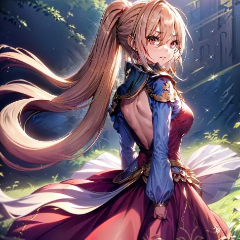 (masutepiece, Best Quality:1.2), Extremely detailed, detailed hairs, Soft skin,

1girl in, Solo, Standing, Upper body, from behind,

Blonde hair, Long hair, High Ponytail, Long ponytail,

Red Eyes, long eyelashes, thick eyelashes, Looking at Viewer,

Red d...