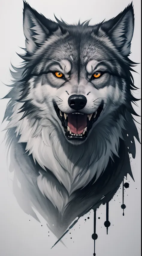 Gray realistic wolf tattoo art (((odd-eyes))) With ink splatter sketch effect ,He opened his mouth and said,,,,、Looks very fiercely angry，T-shirt logo