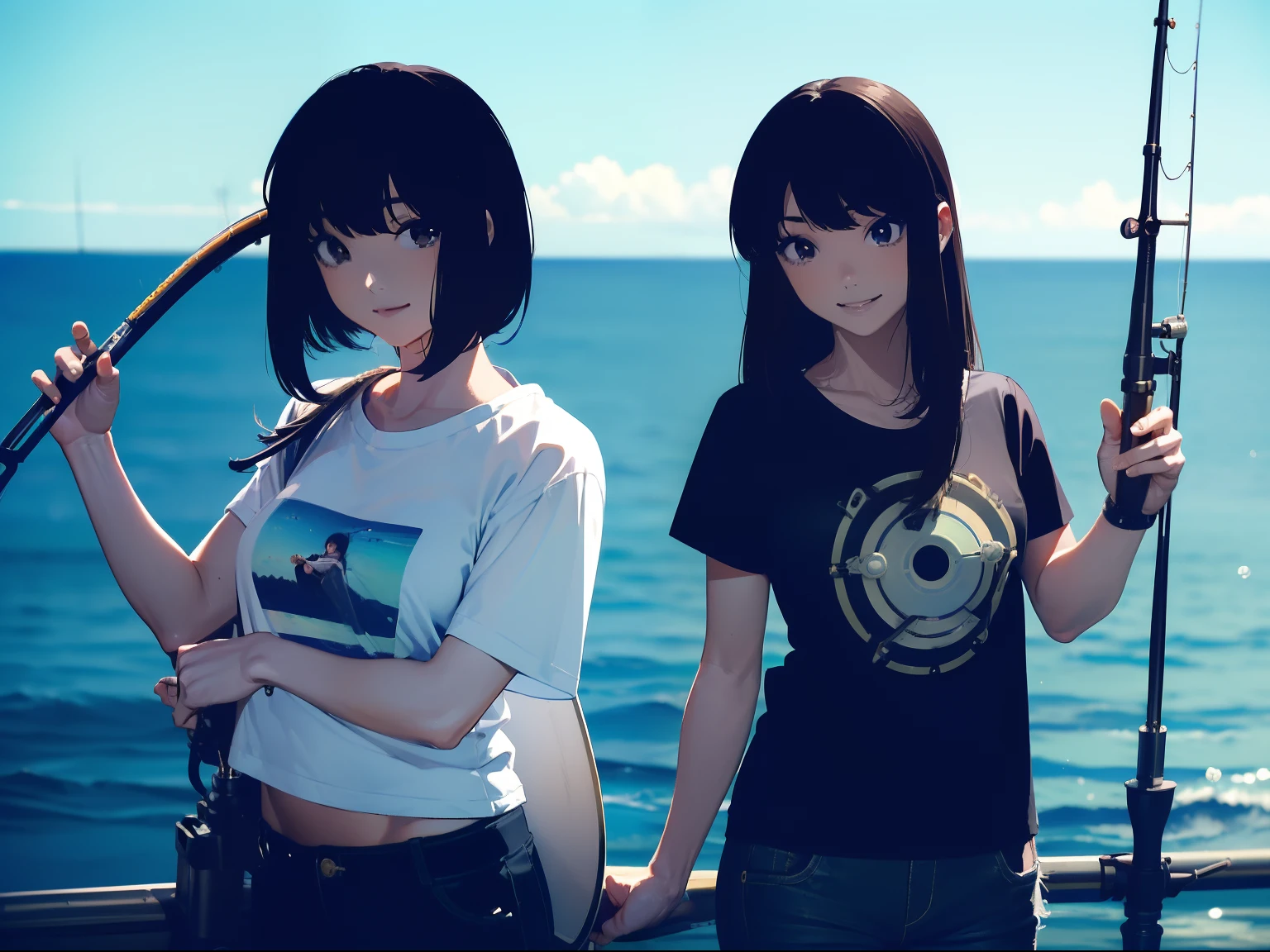 (((Have a fishing rod with a reel))) (((Standing at sea:1.1))),((Best Quality, masutepiece :1.3)),(1 Japan mature woman),Black hair, longeyelashes, Solid Circle Eyes, lightsmile, drop shadow, Atmospheric perspective, 8K, Super Detail, ccurate, Best Quality, Small breasts,Black jacket, Black T-shirt ,Navy Blue Jeans,