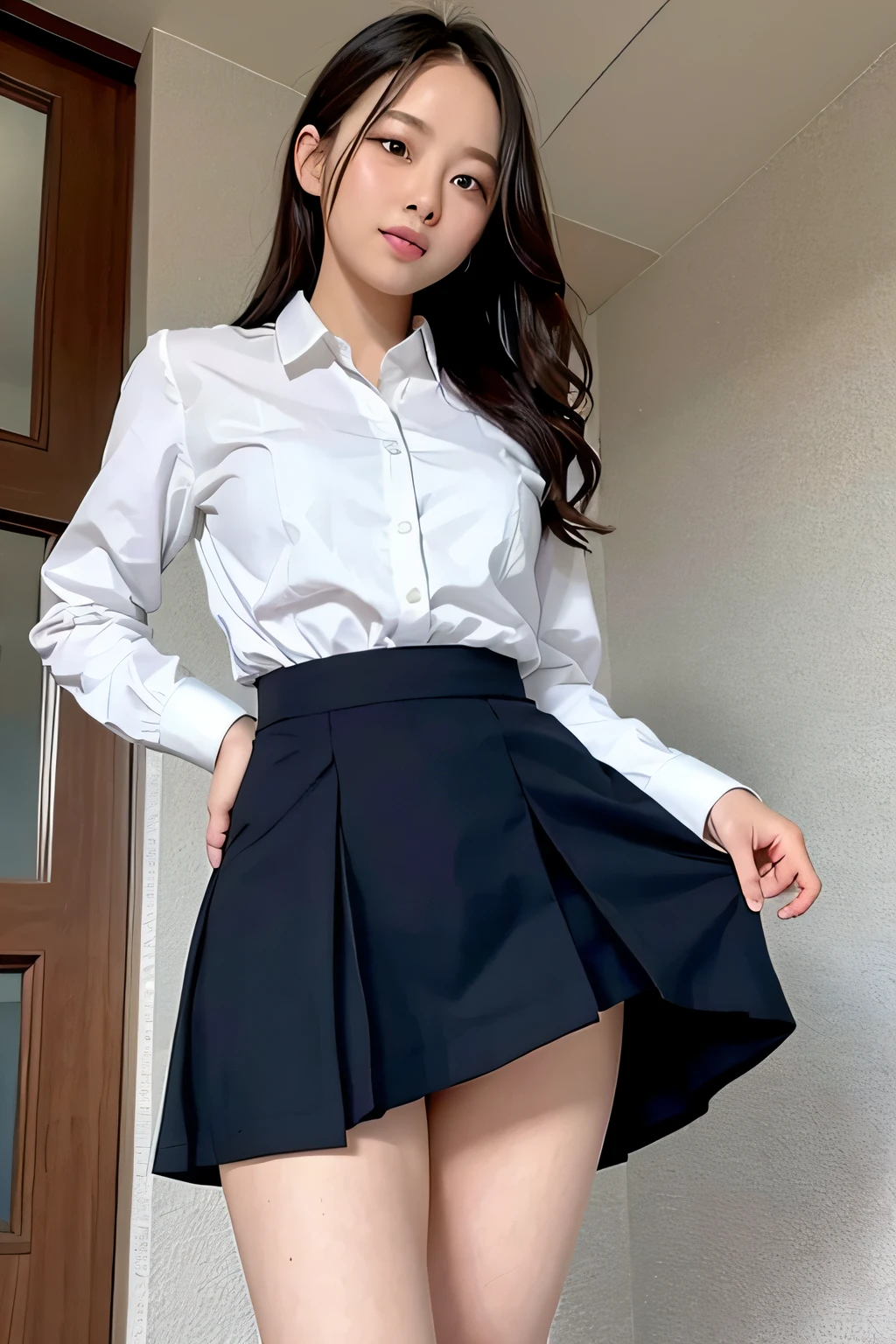 A woman in a white shirt and black skirt posing for a picture - SeaArt AI