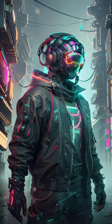 (obra-prima, intrinsic raw photography)Cyberpunk citizen in Oversize techwear, usando um capacete preto estilo astro daftpunk, detalhes de luz neon, intrincado, futurista, nitidez, pose ramdom, cyberpunk city, luzes de neon de rua, foto insta, foto do ano,...