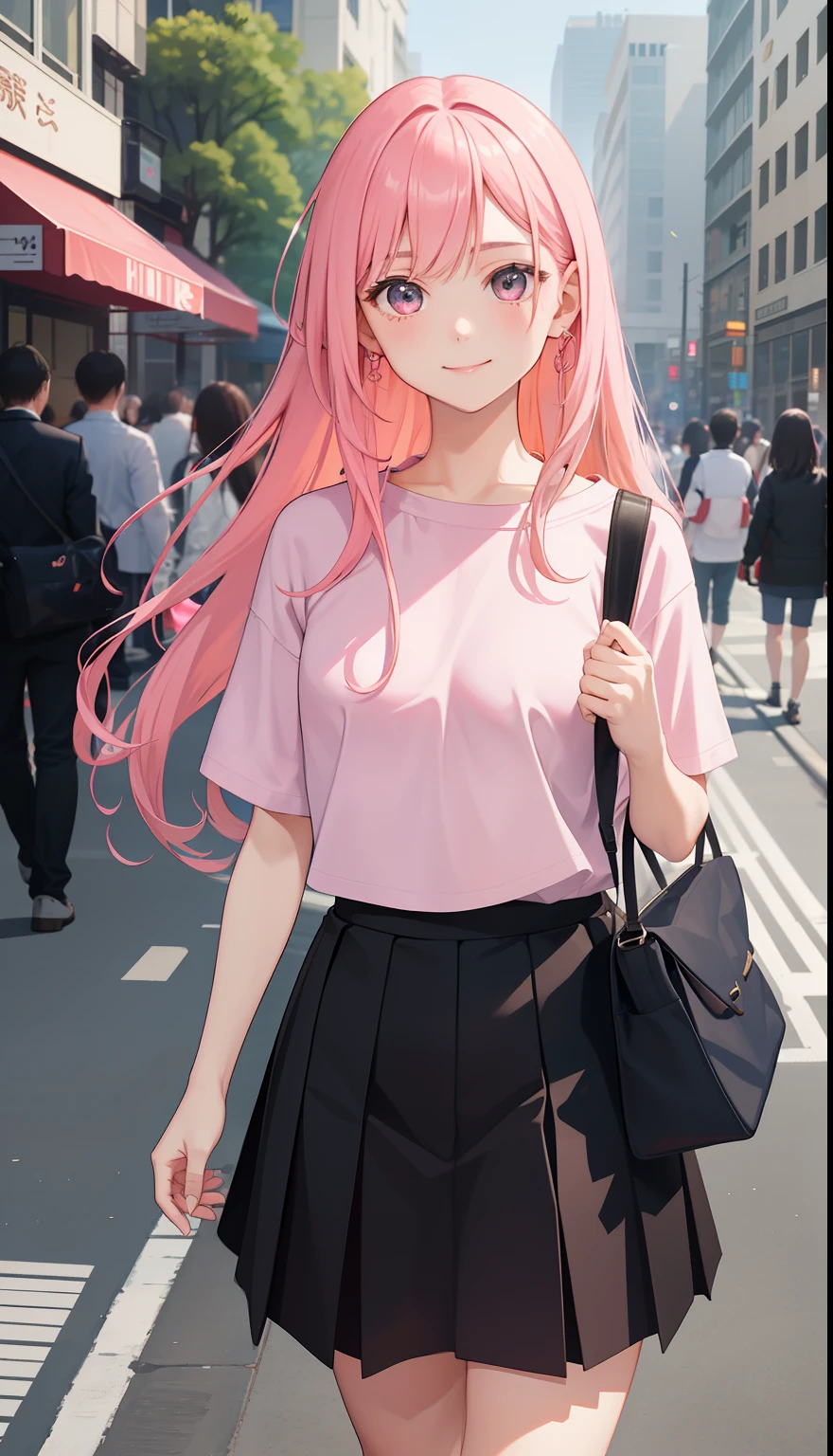 Anime girl with pink hair walking down a city street - SeaArt AI