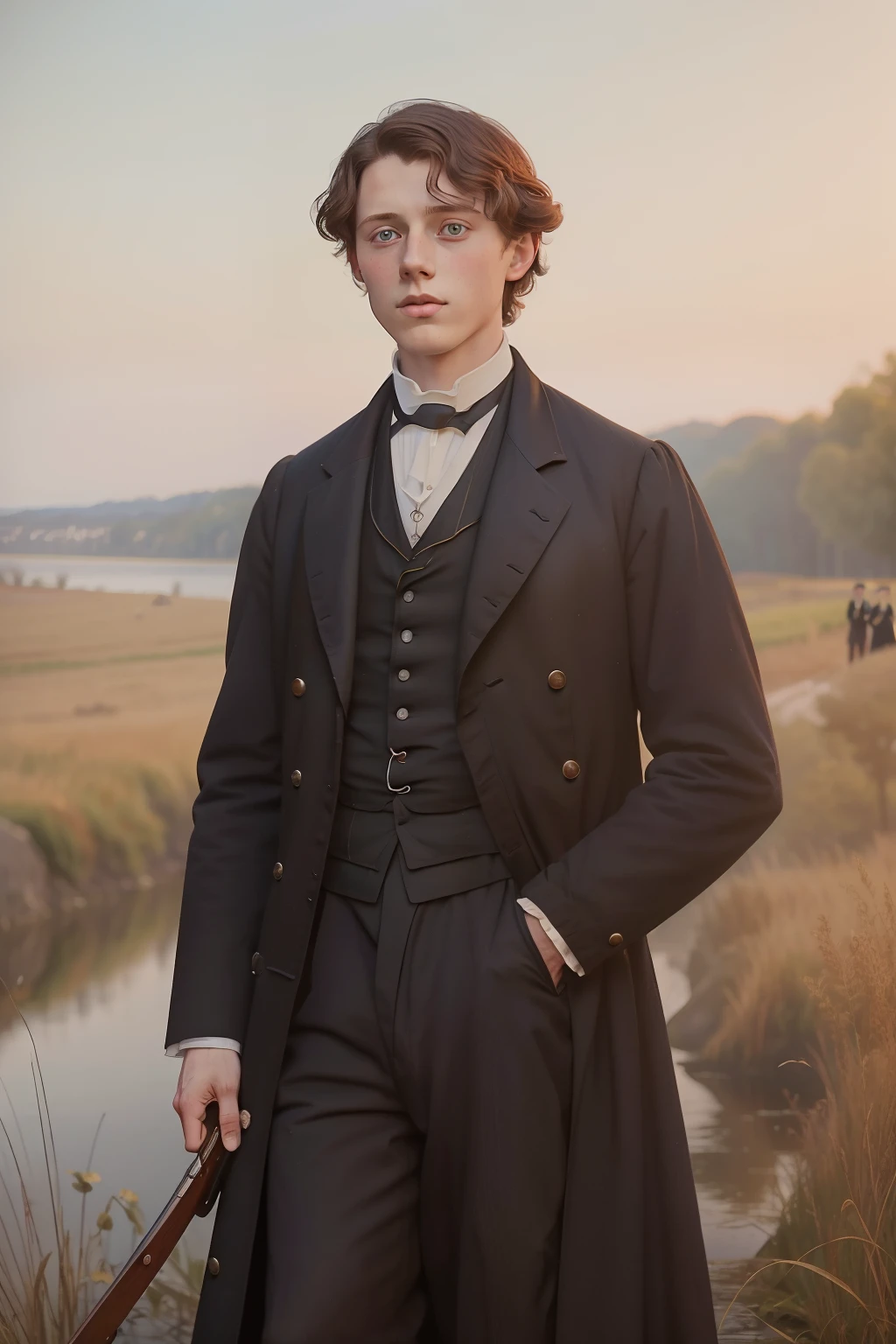 year: 1864. Location: Rock Island, Illinois. Pre-Raphaelite scene with a 21-year-old George MacKay, in a funeral, outdoors, ((((Clothing from the 1860s)))) ((Hairstyle of the 1860s)), ((("OMITB" colorful cinematography)))