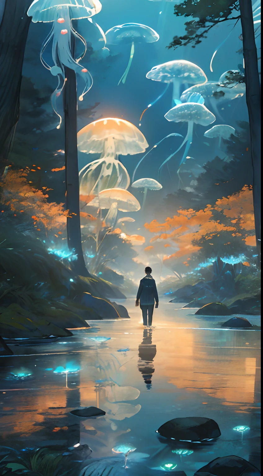 green jellyfish,(jellyfishforest:1.4), 1man, short hair, mist, woods, scenery, solo, nature, water, wading, outdoors, tree, standing, black hair, fantasy, forest