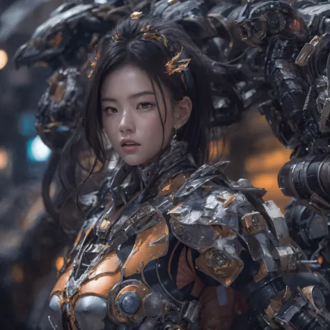 Mecha Female CG Giant Secret Realm，Asian woman poses in colorful futuristic matte armor, Realistic secret mech girl rendering, d...
