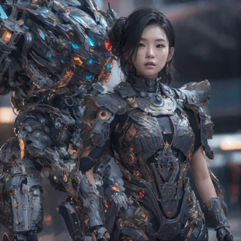 Mecha Female CG Giant Secret Realm，Asian woman poses in colorful futuristic matte armor, Realistic secret mech girl rendering, d...