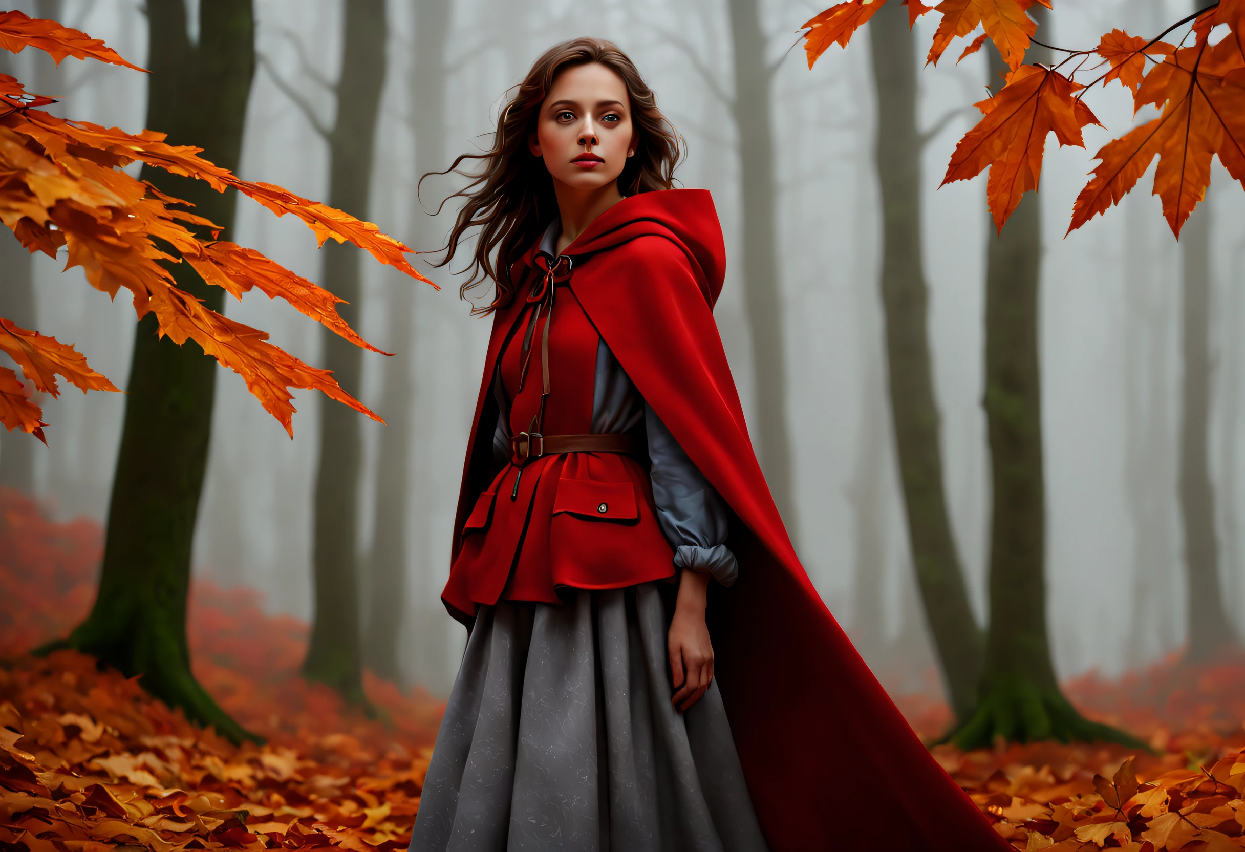 (best quality, 4k, 8k, high resolution, masterpiece: 1.2), ultra detailed (realistic, photorealistic, photorealistic: 1.37), a photorealistic depiction of a beautiful girl looking straight ahead in a misty autumn forest. Walk on a bed of fallen leaves. He wears a red cape. He has a flashlight on in his hand so he can see through the fog. (it is very foggy: 1.42) The trees in the background are tall and have orange leaves. The background is cloudy and the colors are dull. It is a very atmospheric and calm image,Tolkien-style