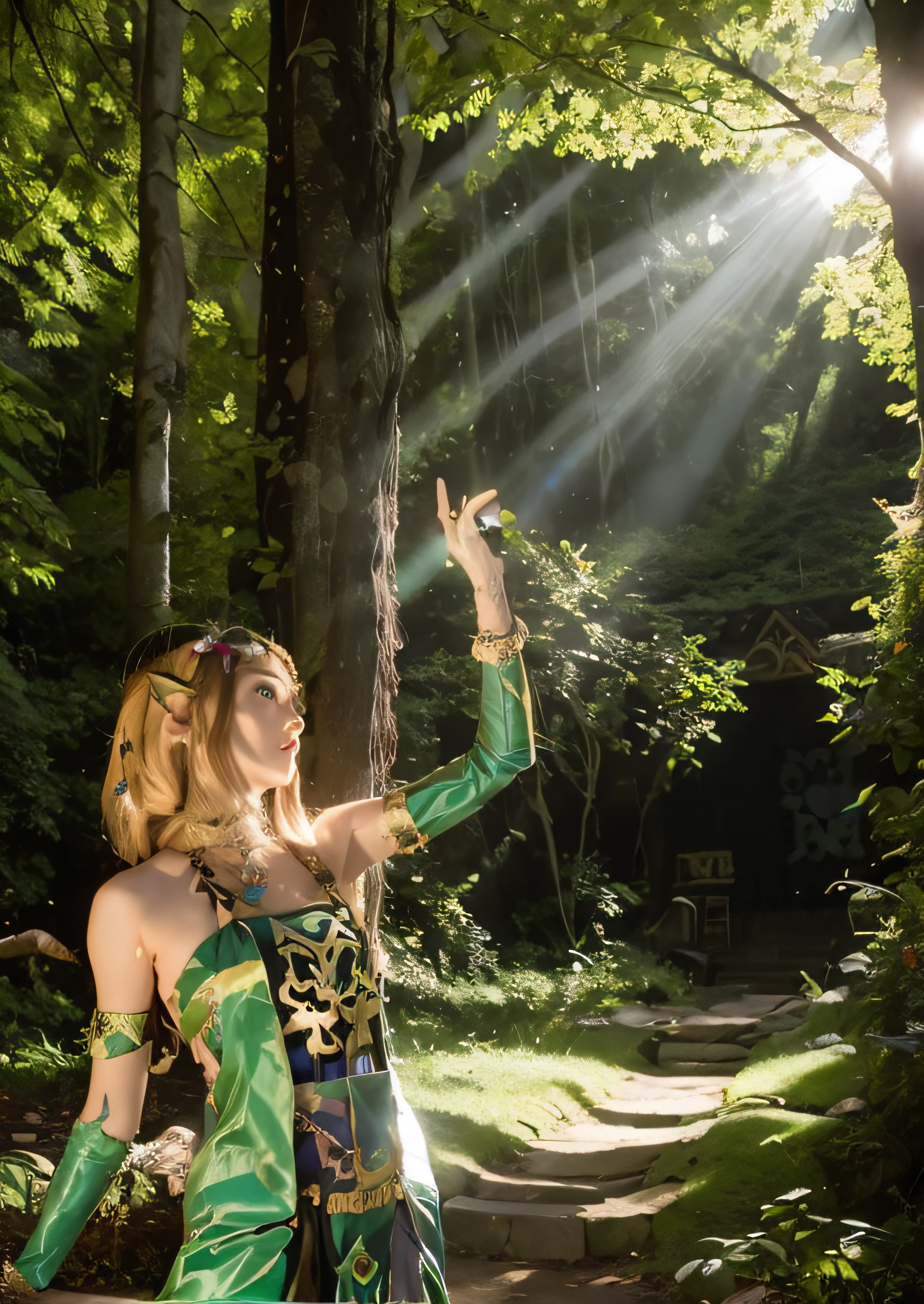 Woman in the forest with sword and sunlight, From《Legend of Zelda》, zelda with triforce, portrait of princess zelda, Princess Zelda, goddess of the forest, fantasy photoshoot, cosplay foto, fey queen of the summer forest, Zelda Twilight Princess, Twilight Princess, Zelda, botw style, Beautiful wood elves, zelda botw, Hyrule, forest soul