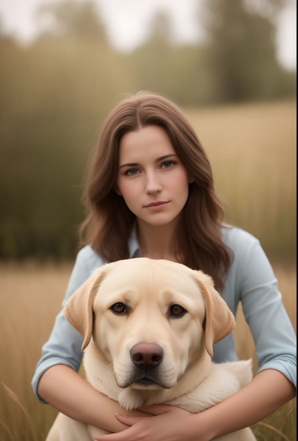 Arafed woman holding a labrador dog in a field of tall grass, retrato de alta qualidade, Directed by: Emma Andijewska, foto retrato suave 8 k, foto de retrato, color photograph portrait 4k, close up foto de retrato, close - foto retrato acima, retrato perfeitamente centrado, fechar retrato, beautiful portrait, foto retrato bonito, Directed by: Julian Hatton, retrato, Close portrait