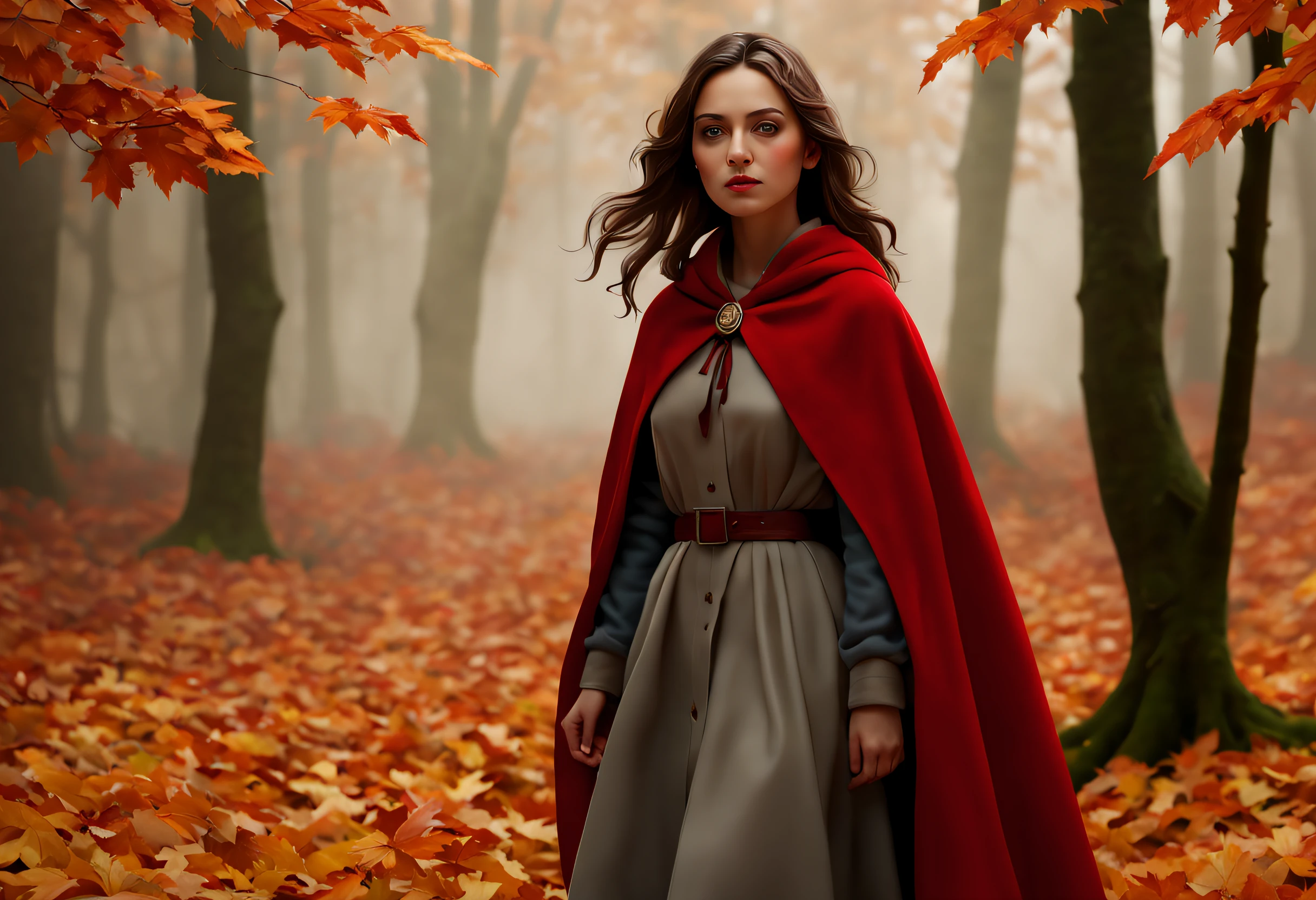 (best quality, 4k, 8k, high resolution, masterpiece: 1.2), ultra detailed (realistic, photorealistic, photorealistic: 1.37), a photorealistic depiction of a beautiful girl looking forward shrouded in mist autumn forest. Walk on a bed of fallen leaves. He wears a red cape. He has a flashlight on in his hand so he can see through the fog. (it is very foggy: 1.42) The trees in the background are tall and have orange leaves. The background is cloudy and the colors are dull. It is a very atmospheric and calm image,,Tolkien-style