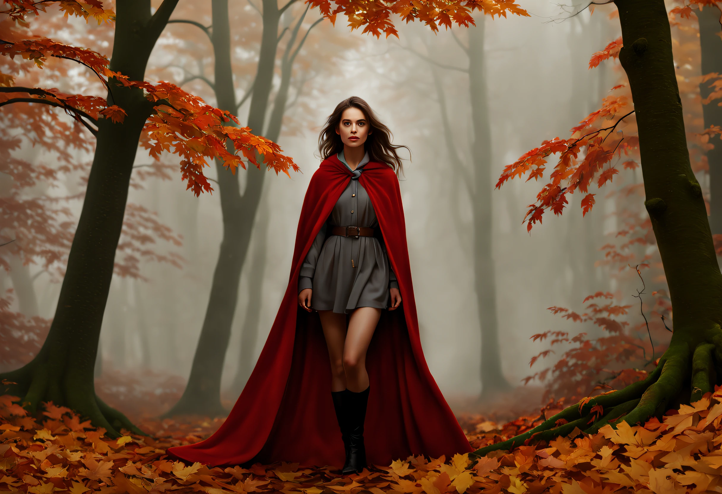 (best quality, 4k, 8k, high resolution, masterpiece: 1.2), ultra detailed (realistic, photorealistic, photorealistic: 1.37), a photorealistic depiction of a beautiful girl looking forward shrouded in mist autumn forest. Walk on a bed of fallen leaves. He wears a red cape. He has a flashlight on in his hand so he can see through the fog. (it is very foggy: 1.42) The trees in the background are tall and have orange leaves. The background is cloudy and the colors are dull. It is a very atmospheric and calm image,,Tolkien-style