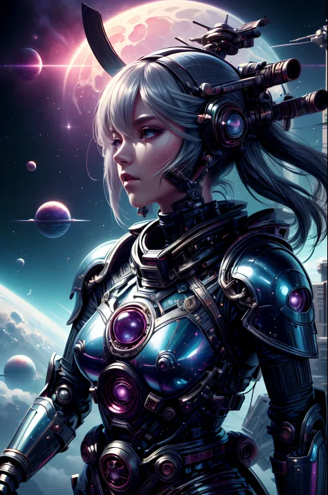 "Sci-fi painting, enigmatic girl shinobi, katana wielder, space wanderer, planetes in the distance, futuristic science fiction, ...