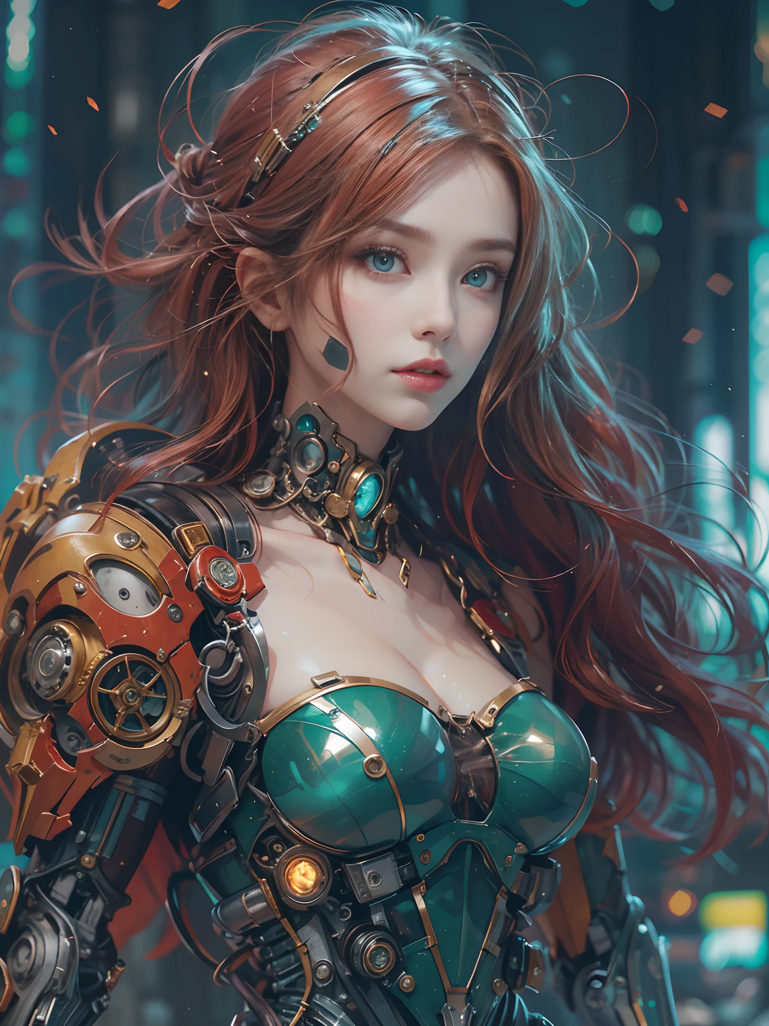 8k, top-quality, （pubic hair beauty）、hight resolution, 逼真, realperson、((​masterpiece)), ((top-quality)), (The ultra-detailliert), ((highly contrast)), (a high chroma), (Beautiful emerald green eyes), ((extremely delicate and beautiful)), (nice hand), ((perfect hand)), (Mechanical cyber city in the background), futuristic cities, 夏天, plein air, Girl on a motorcycle, Medium hair, red hairs, asymmetrical bangs, beautiful detailed Glass hair, blue eyess, tiny chest, mechanical suit, ((shiny body)), (very shiny body), Clear, jewely、ornament detached、a gorgeous、opulent、magnifica、Illumination scattered throughout the body、Illumination brilliance、Roberto、cyborgs、android、body suit、((huge tit、Chest valley、beauty legs))