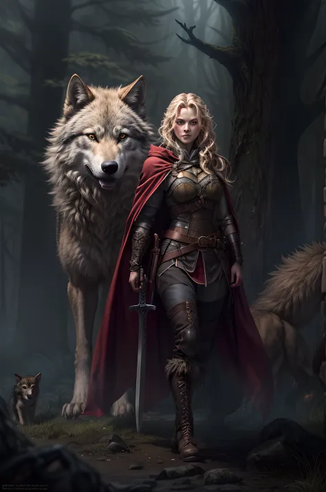 fantasy art, RPG art, Dark fantasy art, ultra wide shot, RAW, photorealistic, a picture of female human ranger and her wolf pet, the ranger, an exquisite beautiful human woman, long blond hair, braided hair, green eyes, wearing leather armor, wearing (red ...