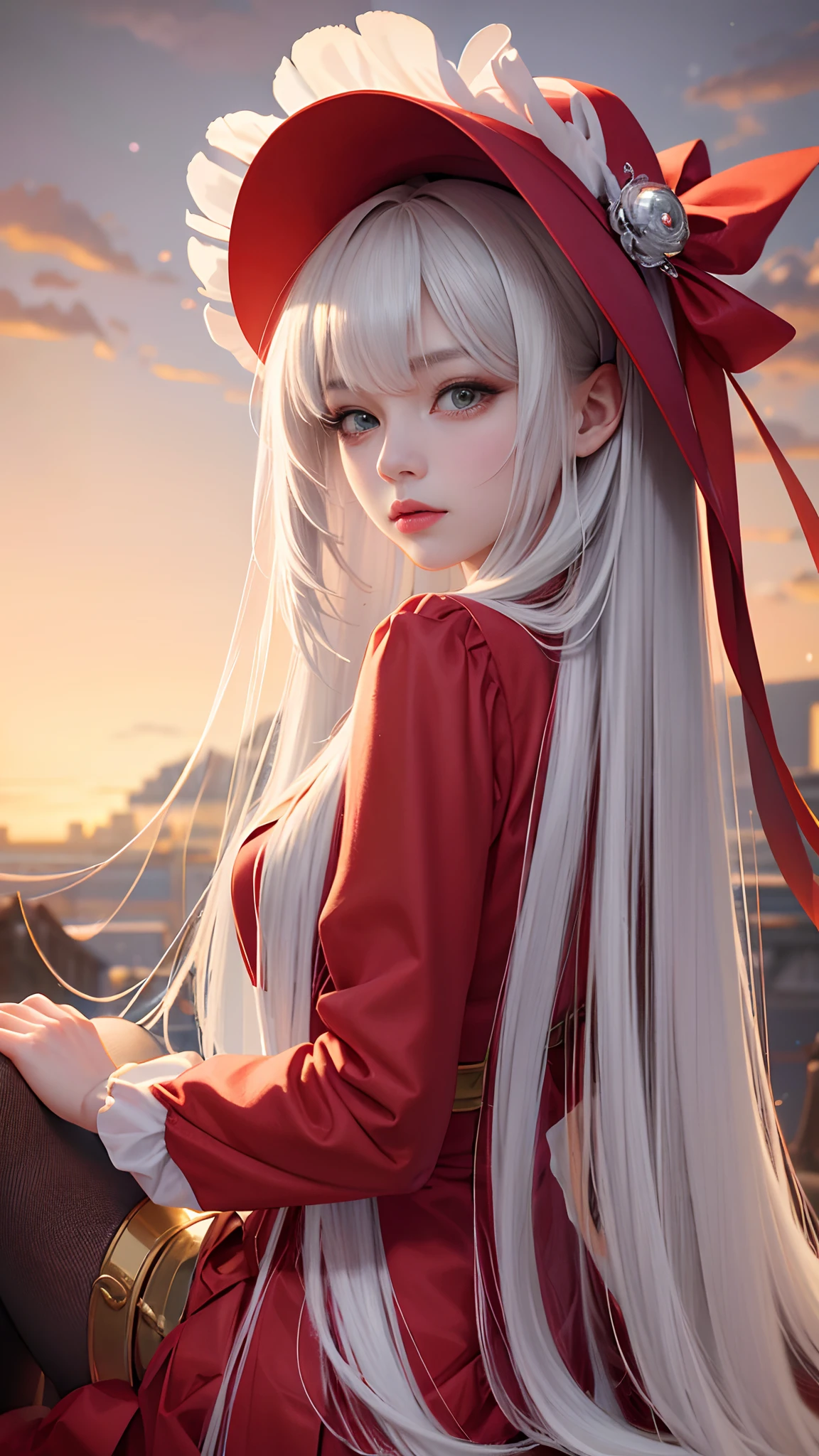 Drawing a woman with long hair and a feather hat, detailed portrait of anime girl, portrait anime girl, Artgerm. High detail, stunning anime face portrait, small breasts, digital anime art, art germ. Anime illustration, detailed digital anime art, anime girl portrait, Guvez style artwork, red clothing, realistic digital art 4k, realistic digital art 4k, realistic, aesthetic. sitting,