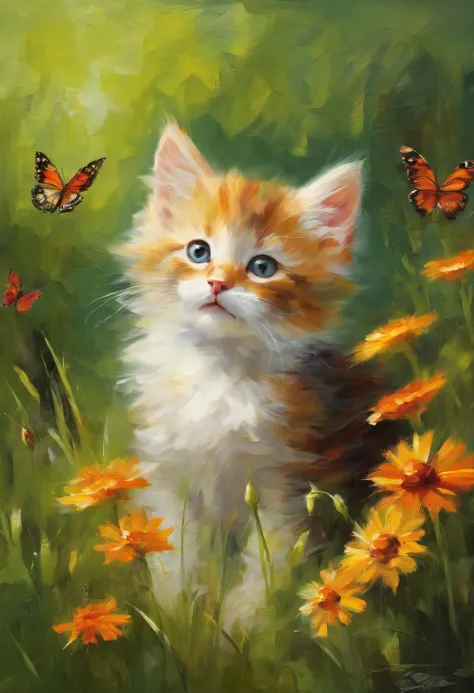 (best quality,ultra-detailed,realistic),a kitten watching a butterfly,beautiful detailed eyes,curious expression,soft fur,tiny paws,fluffy tail,cute whiskers,sunlit garden background,lush green grass,bright flowers,delicate butterfly wings,floating gracefu...