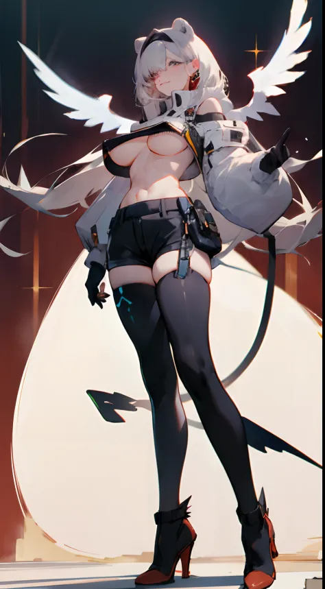 Bigboobs，cropped shoulders，Black over-the-knee stockings，Stand up，standing straight，high-heels，Enchantment，Devil Wings