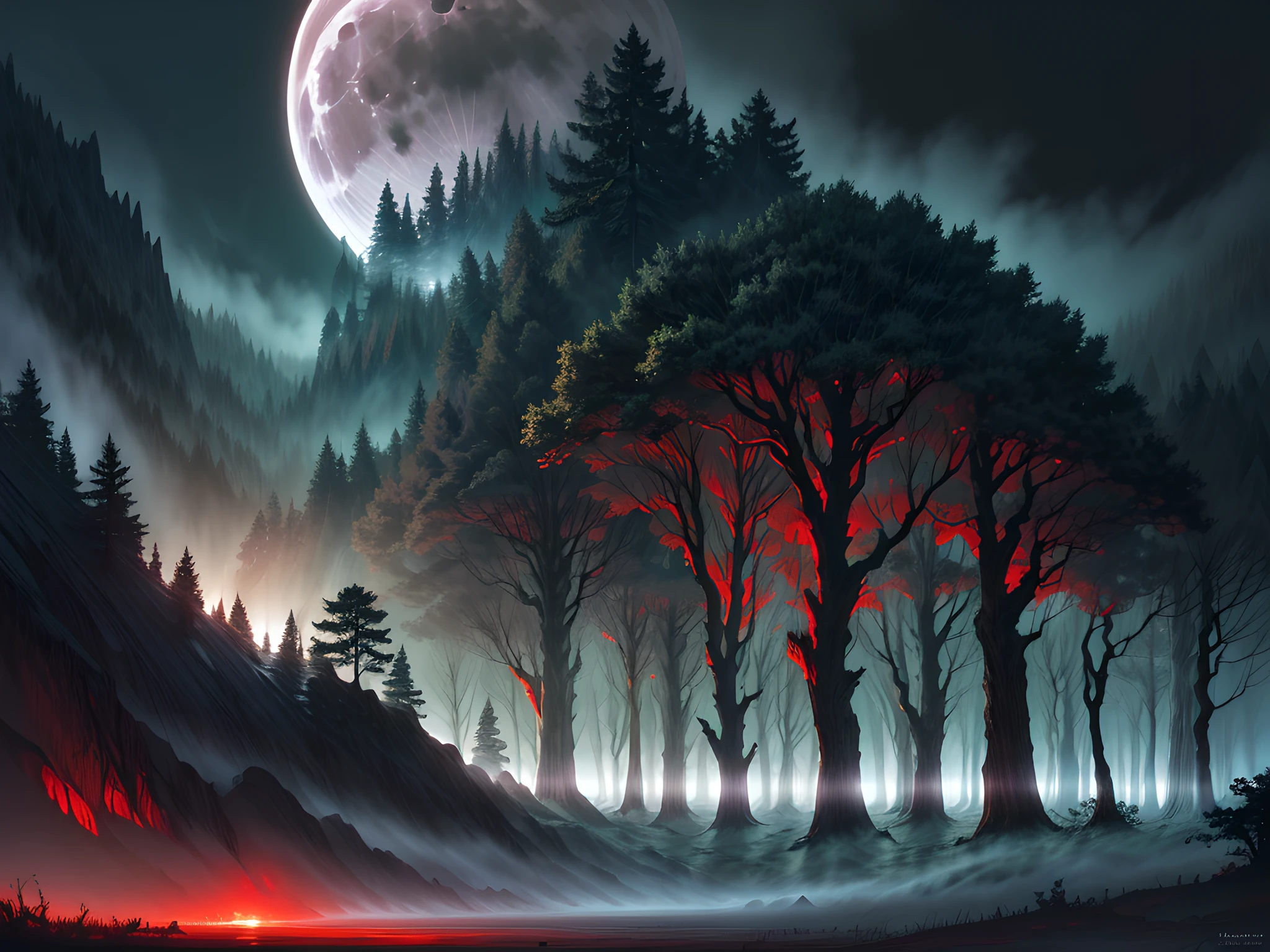 Arte De Fantasía, arte de rol, tiro ultra ancho, CRUDO, Fotorrealista, Una imagen de un bosque de fantasía oscura, niebla que se eleva desde el suelo que se arrastra, Es de noche, La luna se eleva en el horizonte, Sin embargo, hay una (Par de ojos rojos de depredador) que ves entre los árboles,