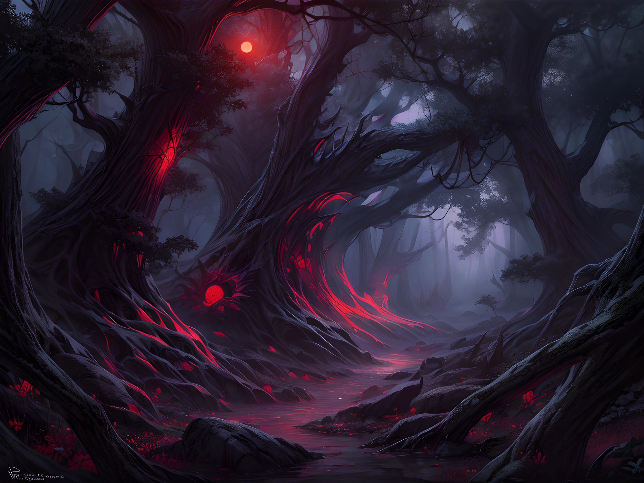 幻想藝術, RPG 艺术, 超广角拍摄, 生的, 逼真的, 黑暗奇幻森林的圖片, 薄霧從地面升起爬行薄霧, 現在是晚上, 月亮在地平線升起, 然而有一个 (一双红色的捕食者眼睛) 你看到树木之间, 黑暗奇幻森林背景, 最好的品質, 16k, [超詳細], 傑作, 最好的品質, (超詳細), 全身, 超广角拍摄, 照片寫實主義