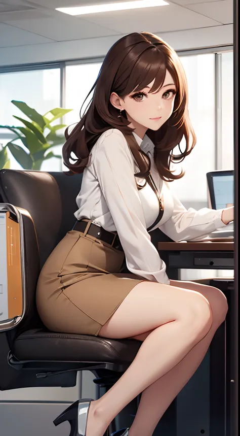 Best Quality, masutepiece, beautiful mature women、Beautiful face、Faint-hearted woman、Office Suits、Tight mini skirt、brown haired、Brown-eyed、Longhaire、Undersized eyes、Full body like