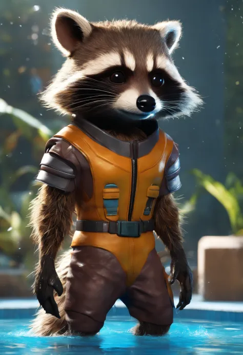 detailed realistic Marvel photo style Rocket Raccoon soaked wet emerging from a pool, visible erect penis, realistic wet fabric, realistic wet fur, full body view, flirty pose