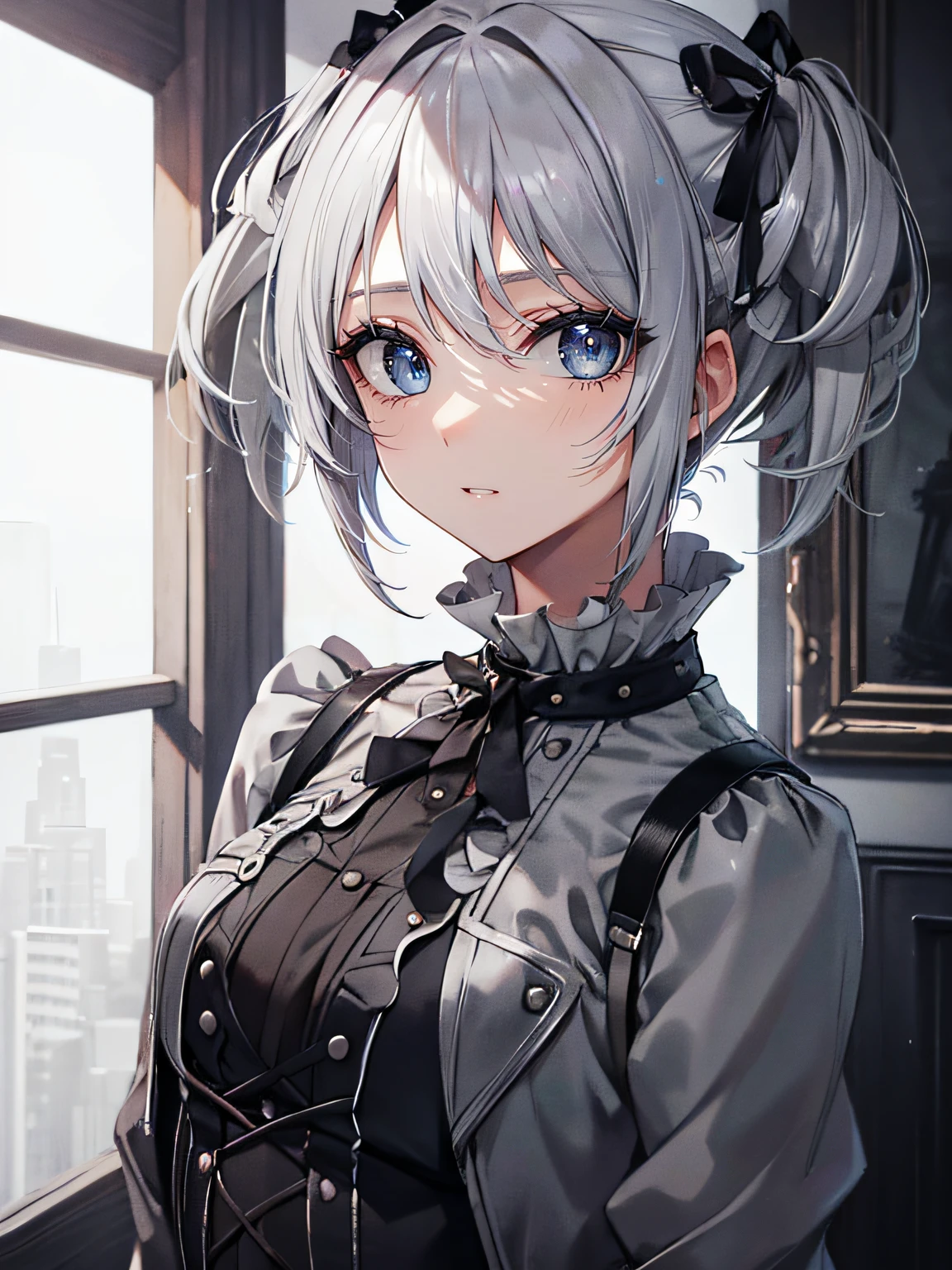 (masutepiece,Best Quality,Ultra-detailed),1girl in,White, silver and gray hair,Short hair,short twintails,(messy hair style),Gothic punk fashion, beautiful and detailed face, Detailed eyes,(grey theme),Looking at Viewer,Top,Jacket,,In the room,Looking at Viewer
