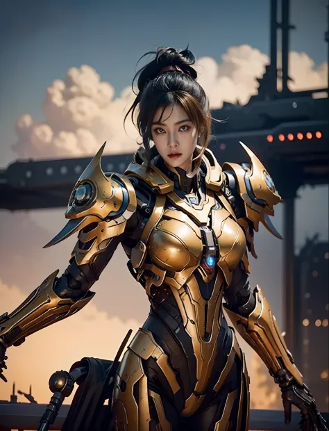Space marine, harhammer 40,000, world at war, 1 beautiful cyberpunk woman，Has a very detailed aura mech chef treat, anatomy correct，Accurate and perfect Korean female face，Body golden ratio，Vibrant colors, metallic red, dirty with blood, Sky with clouds，Fu...