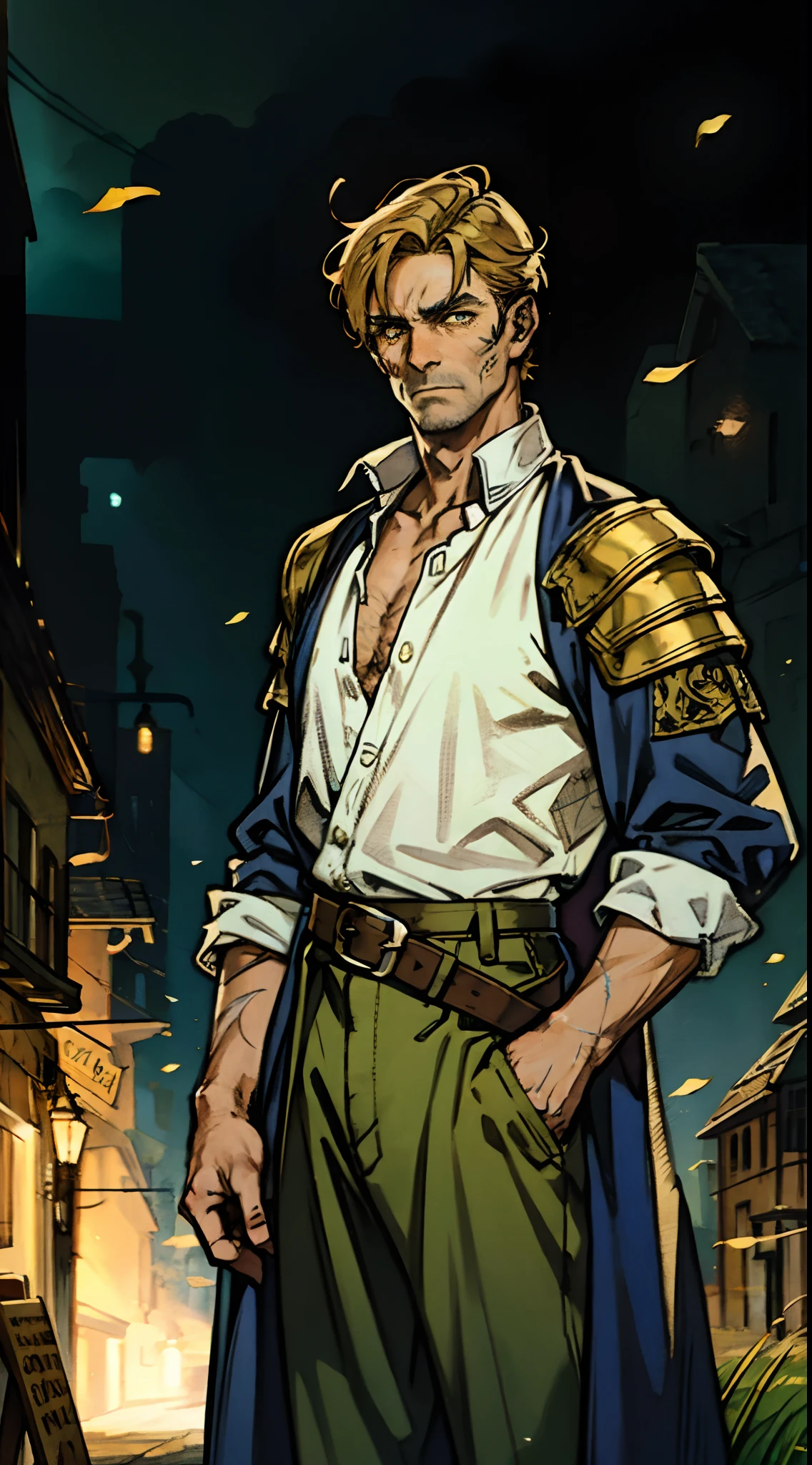 A middle-aged man with short golden hair, thick hair, a large cross scar on his face, has gentle eyes, a calm expression, a fantasy-style coat with leaf-shaped chest armor, the color scheme is mainly grass green, with earthy yellow as secondary colors, a belt around his waist, coarse cloth trousers, the background shows a medieval fantasy-style street with snowflakes falling, this character embodies a finely crafted fantasy-style soldier in anime style, characterized by an exquisite and mature manga illustration art style, high definition, best quality, highres, ultra-detailed, ultra-fine painting, extremely delicate, professional, anatomically correct, symmetrical face, extremely detailed eyes and face, high quality eyes, creativity, RAW photo, UHD, 8k, Natural light, cinematic lighting, masterpiece:1.5