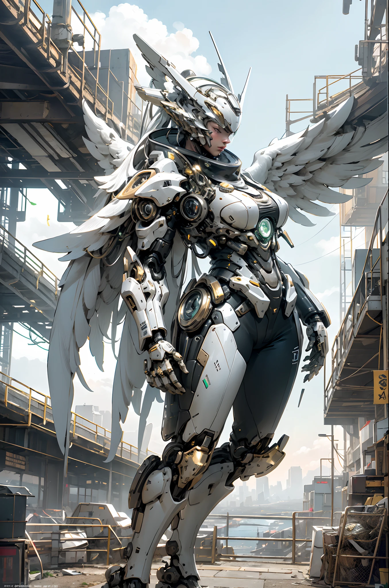 Masterpiece,  (Best quality), (Ultra-detailed), (Ultra-realistic:1.2), landscape,  Sci-fi, transistorpunk,  Cyberpunk, Biopunk, (MagazineCover:1.4), (Gray, White),  Female bandana giant robot full body zoom,  earring, Mechanical angel wings on the back, Angel wings,  Future town, Dynamic pose, Dynamic Angle, massive breasts, luxury goods, (gold, Silver, Green), neonlight