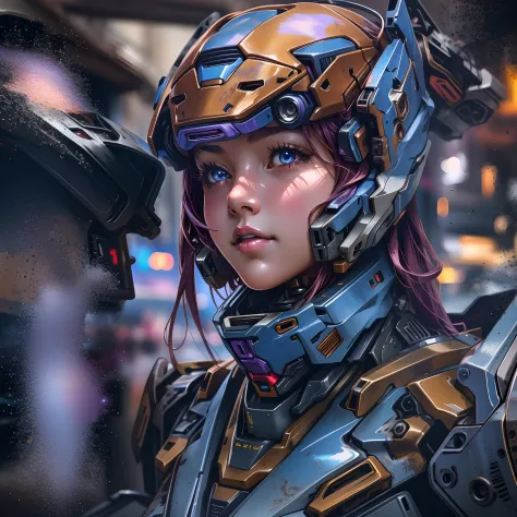 Cute cowboy photography (Mecha girl:1.5) Portrait photo, Perfect eyes,  (Light bokeh), complex, (Purple painted steel metal [Rust]), Dynamic, fightingpose, Elegance, Clear focus, Soft lighting, Bright colors, Masterpiece, (((street)), Detailed face, Beetle...
